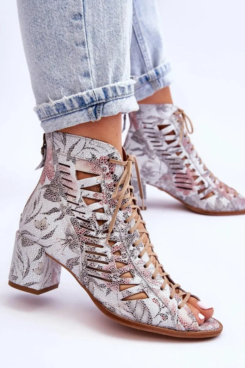 Hot Skórzane Ażurowe Botki 04040-11 Białe Damskie Botki Wiosenne|Botki Maciejka