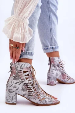Hot Skórzane Ażurowe Botki 04040-11 Białe Damskie Botki Wiosenne|Botki Maciejka