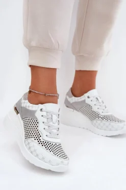 Discount Damskie buty S.Barski Skórzane Ażurowe Buty Sportowe Sneakersy Na Koturnie S.Barski LR51-641 Białe