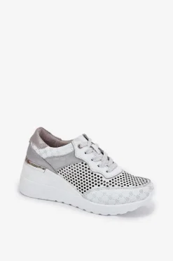 Discount Damskie buty S.Barski Skórzane Ażurowe Buty Sportowe Sneakersy Na Koturnie S.Barski LR51-641 Białe