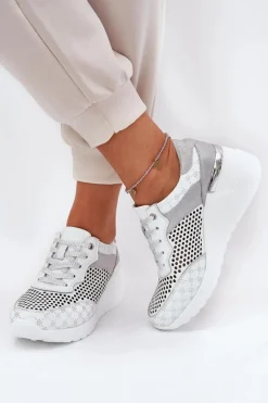 Discount Damskie buty S.Barski Skórzane Ażurowe Buty Sportowe Sneakersy Na Koturnie S.Barski LR51-641 Białe