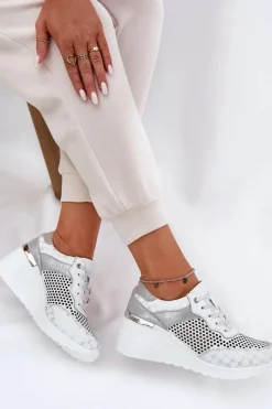 Discount Damskie buty S.Barski Skórzane Ażurowe Buty Sportowe Sneakersy Na Koturnie S.Barski LR51-641 Białe