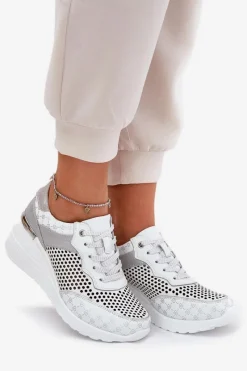 Discount Damskie buty S.Barski Skórzane Ażurowe Buty Sportowe Sneakersy Na Koturnie S.Barski LR51-641 Białe