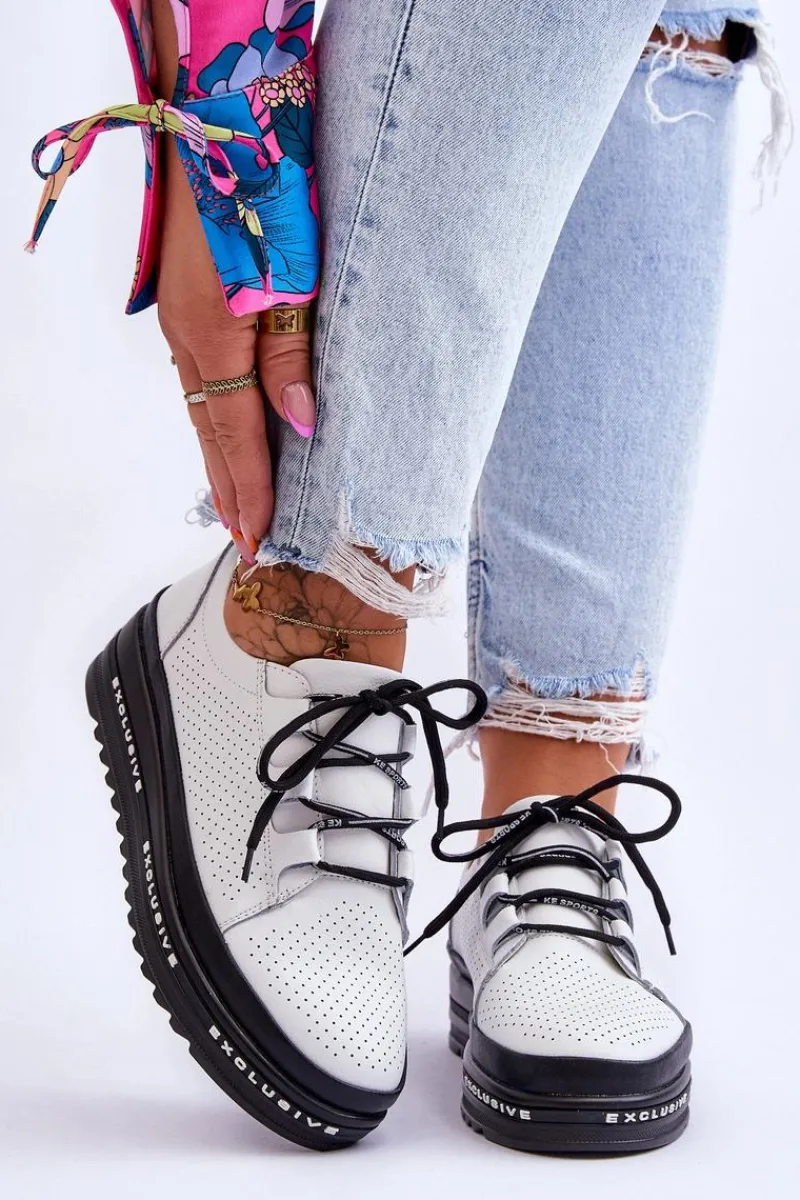 Discount Skórzane Ażurowe Buty Sportowe Białe Leonor Damskie Sneakersy Damskie