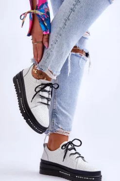 Discount Skórzane Ażurowe Buty Sportowe Białe Leonor Damskie Sneakersy Damskie