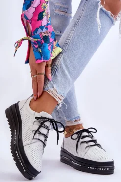 Discount Skórzane Ażurowe Buty Sportowe Białe Leonor Damskie Sneakersy Damskie