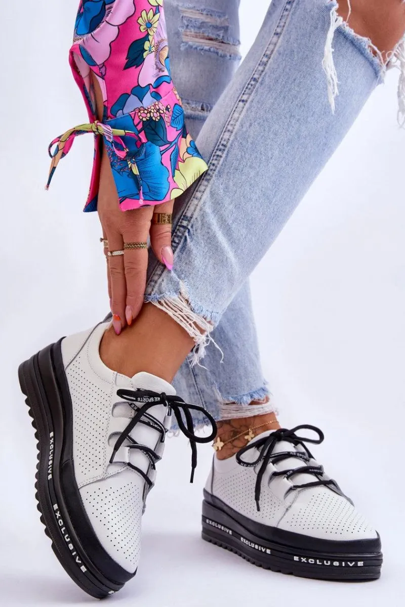 Discount Skórzane Ażurowe Buty Sportowe Białe Leonor Damskie Sneakersy Damskie