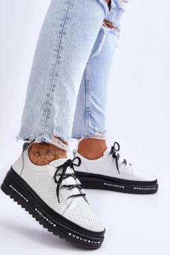 Discount Skórzane Ażurowe Buty Sportowe Białe Leonor Damskie Sneakersy Damskie