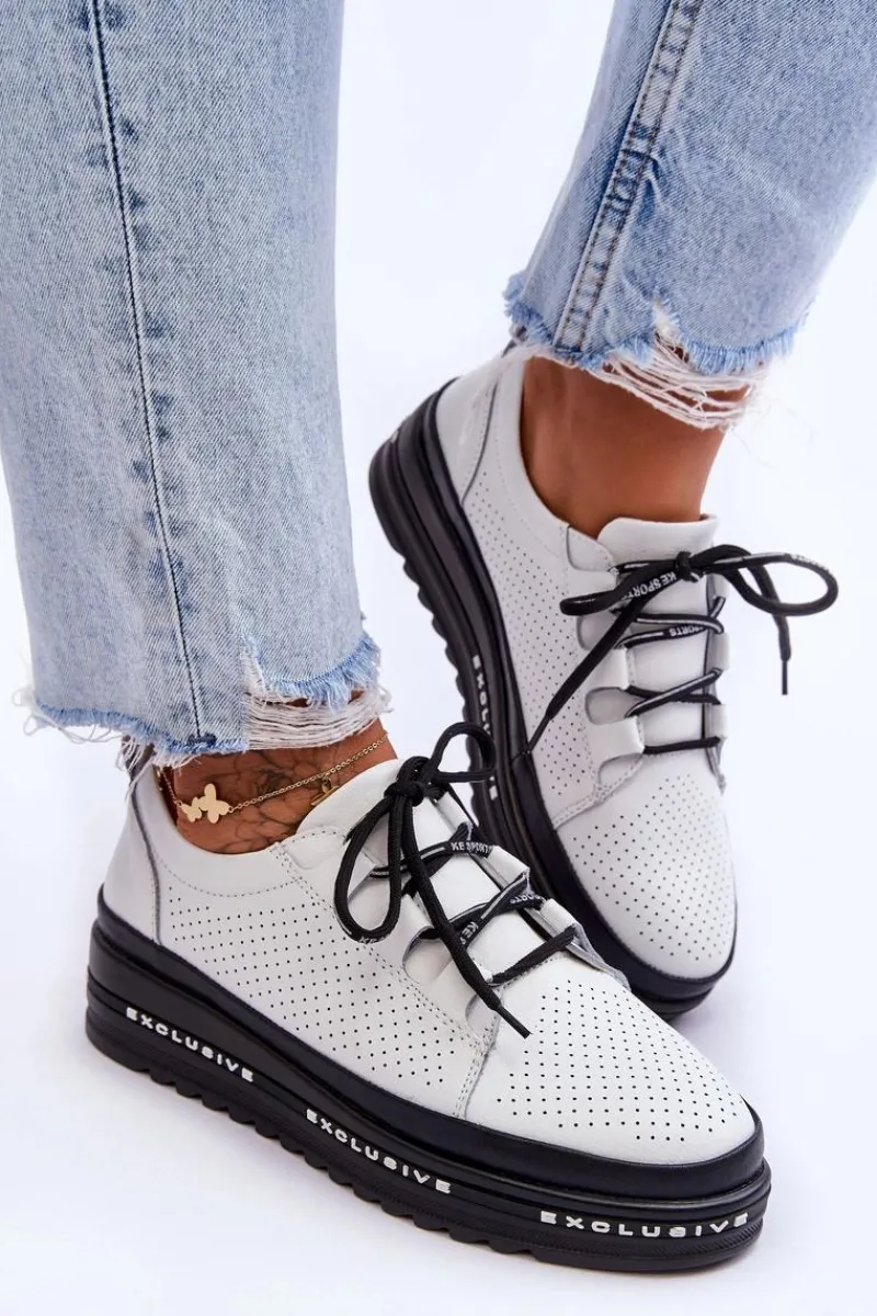 Discount Skórzane Ażurowe Buty Sportowe Białe Leonor Damskie Sneakersy Damskie