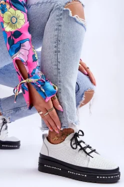 Discount Skórzane Ażurowe Buty Sportowe Białe Leonor Damskie Sneakersy Damskie