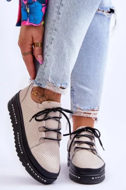 New Damskie buty S.Barski Skórzane Ażurowe Buty Sportowe Beżowe Leonor