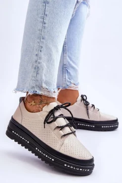 New Damskie buty S.Barski Skórzane Ażurowe Buty Sportowe Beżowe Leonor