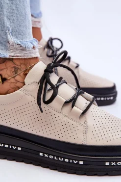 New Damskie buty S.Barski Skórzane Ażurowe Buty Sportowe Beżowe Leonor