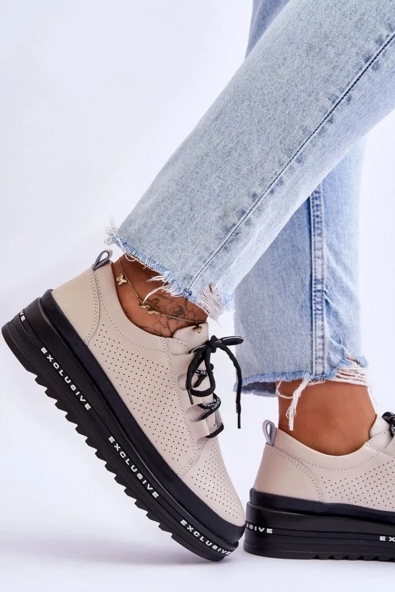 New Damskie buty S.Barski Skórzane Ażurowe Buty Sportowe Beżowe Leonor