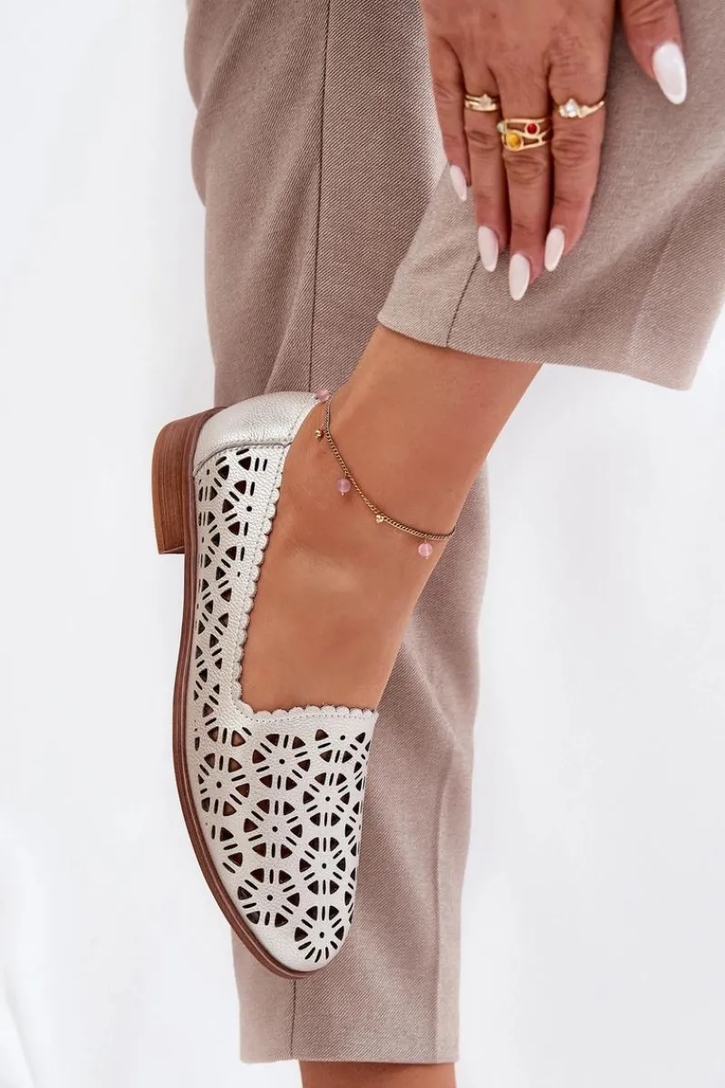 Damskie buty S.Barski Skórzane Ażurowe Mokasyny Damskie S.Barski LR51-646 Złote