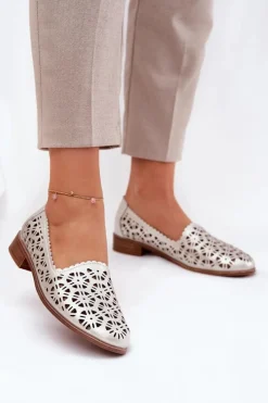 Damskie buty S.Barski Skórzane Ażurowe Mokasyny Damskie S.Barski LR51-646 Złote