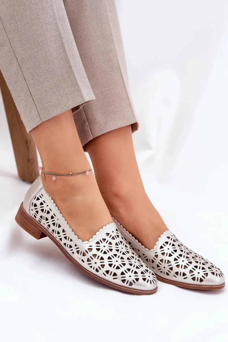 Damskie buty S.Barski Skórzane Ażurowe Mokasyny Damskie S.Barski LR51-646 Złote