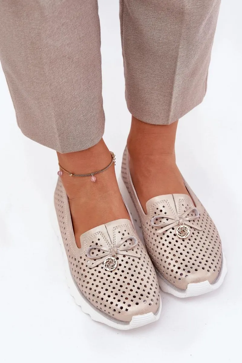 Damskie buty S.Barski Skórzane Ażurowe Półbuty Damskie Z Naturalnej Skóry D&A LR51-631 Złote Złoty