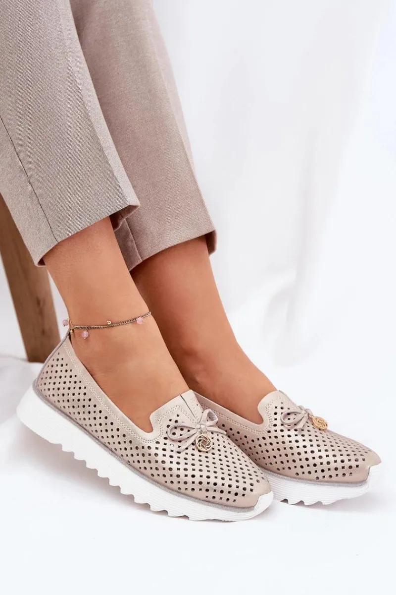 Damskie buty S.Barski Skórzane Ażurowe Półbuty Damskie Z Naturalnej Skóry D&A LR51-631 Złote Złoty