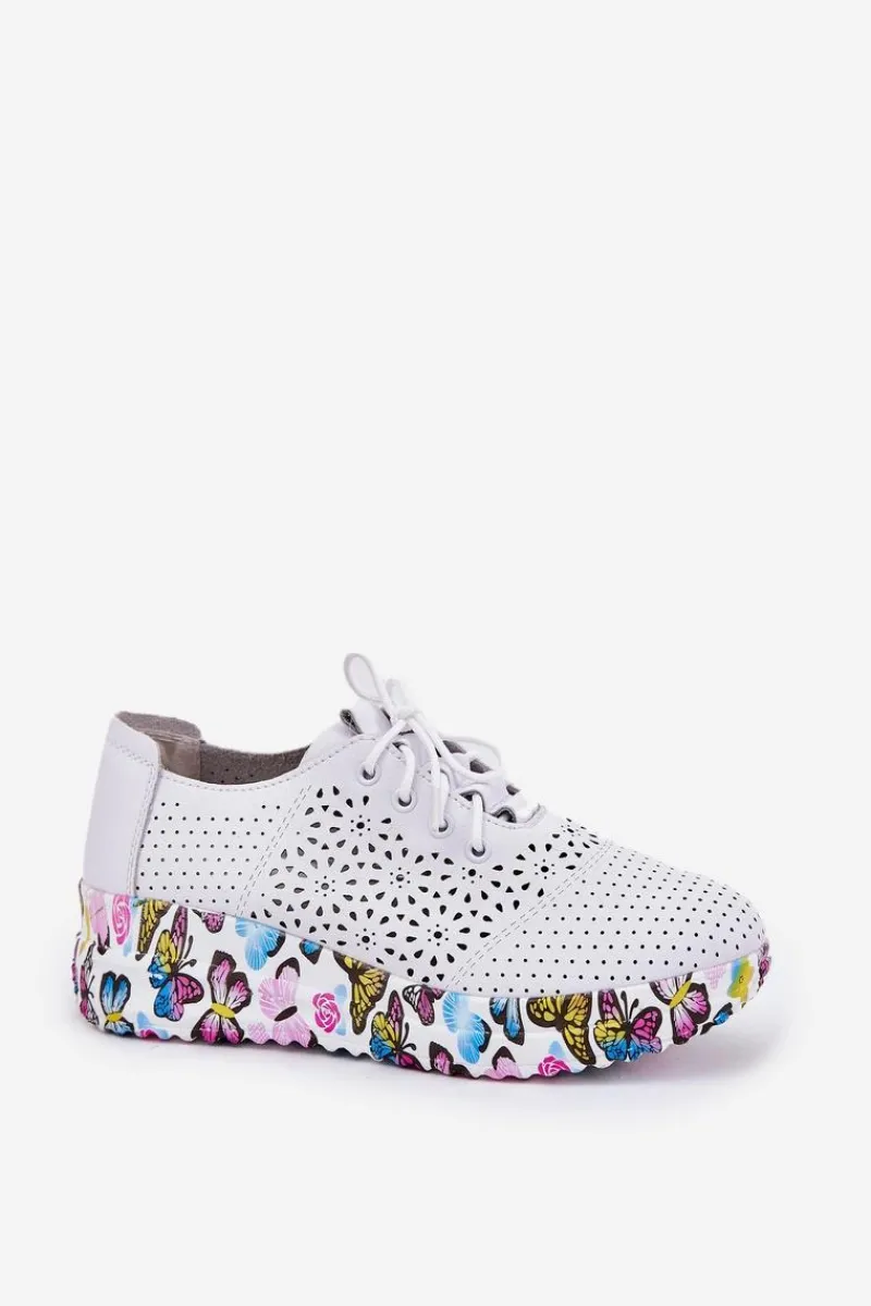 Artiker Skórzane Ażurowe Półbuty Damskie Na Koturnie Motyle 56C1618 Białe