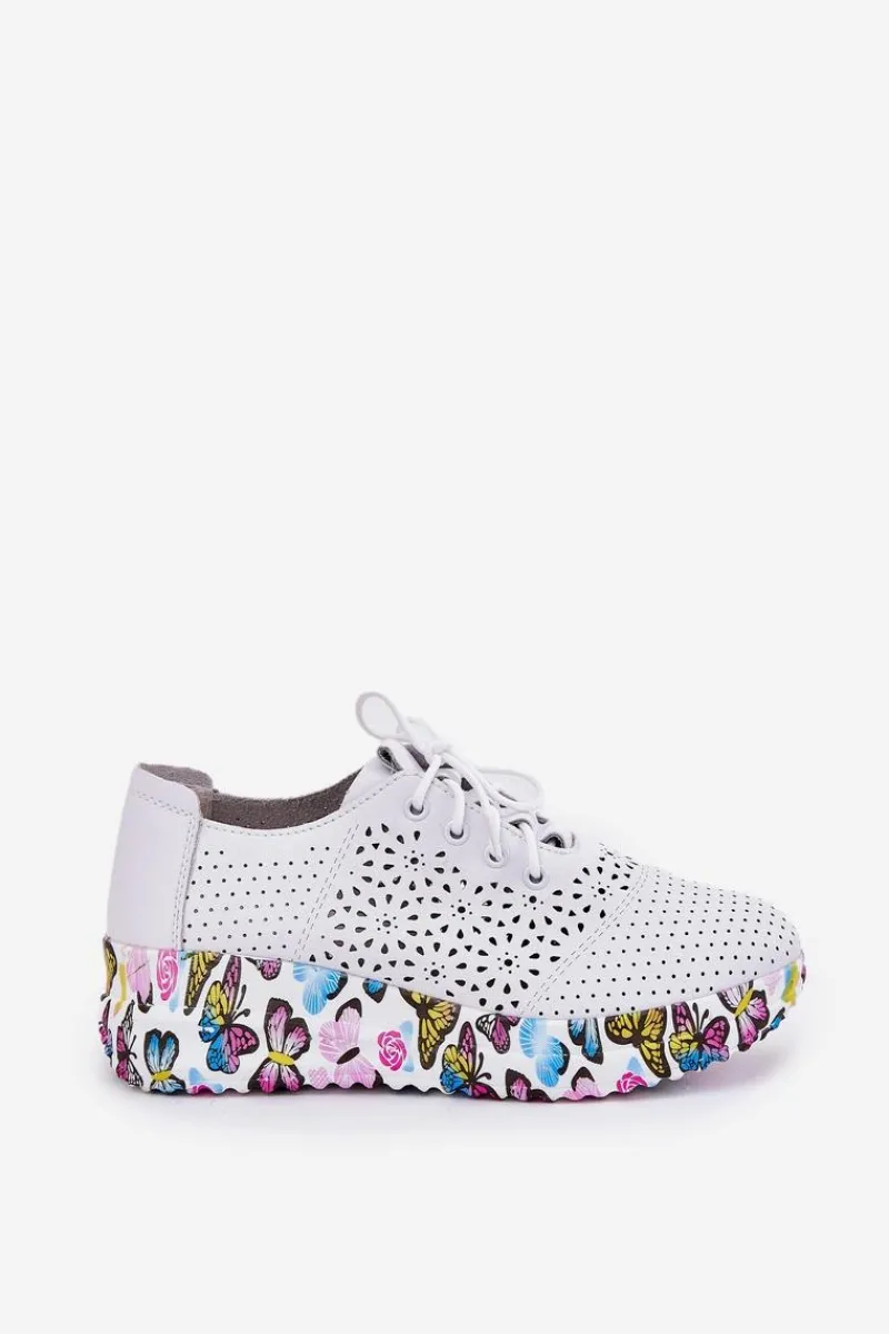 Artiker Skórzane Ażurowe Półbuty Damskie Na Koturnie Motyle 56C1618 Białe