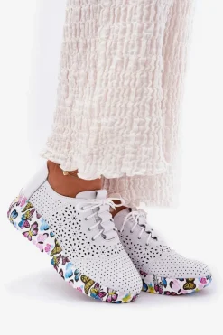 Artiker Skórzane Ażurowe Półbuty Damskie Na Koturnie Motyle 56C1618 Białe