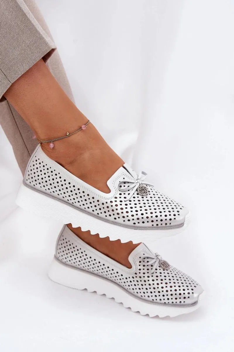 Półbuty Skórzane>Damskie buty S.Barski Skórzane Ażurowe Półbuty Damskie Z Naturalnej Skóry D&A LR51-631 Srebrne Srebrny