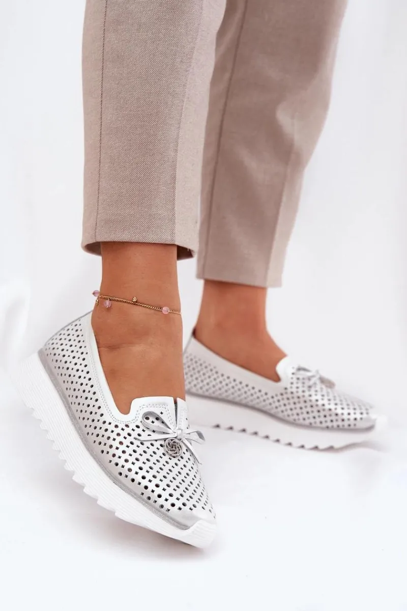 Półbuty Skórzane>Damskie buty S.Barski Skórzane Ażurowe Półbuty Damskie Z Naturalnej Skóry D&A LR51-631 Srebrne Srebrny