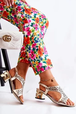 Discount Boto Skórzane Ażurowe Sandałki Na Obcasie Złote Salvio