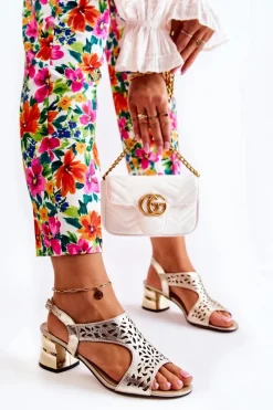 Discount Boto Skórzane Ażurowe Sandałki Na Obcasie Złote Salvio