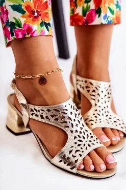 Discount Boto Skórzane Ażurowe Sandałki Na Obcasie Złote Salvio