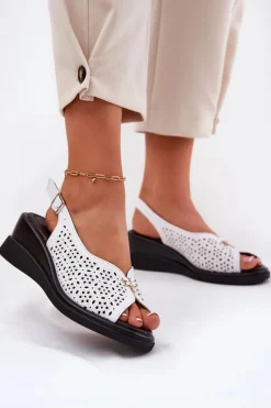 Best Buty damskie Vinceza Skórzane Ażurowe Sandały Damskie Na Koturnie Vinceza 79529 Białe Biały