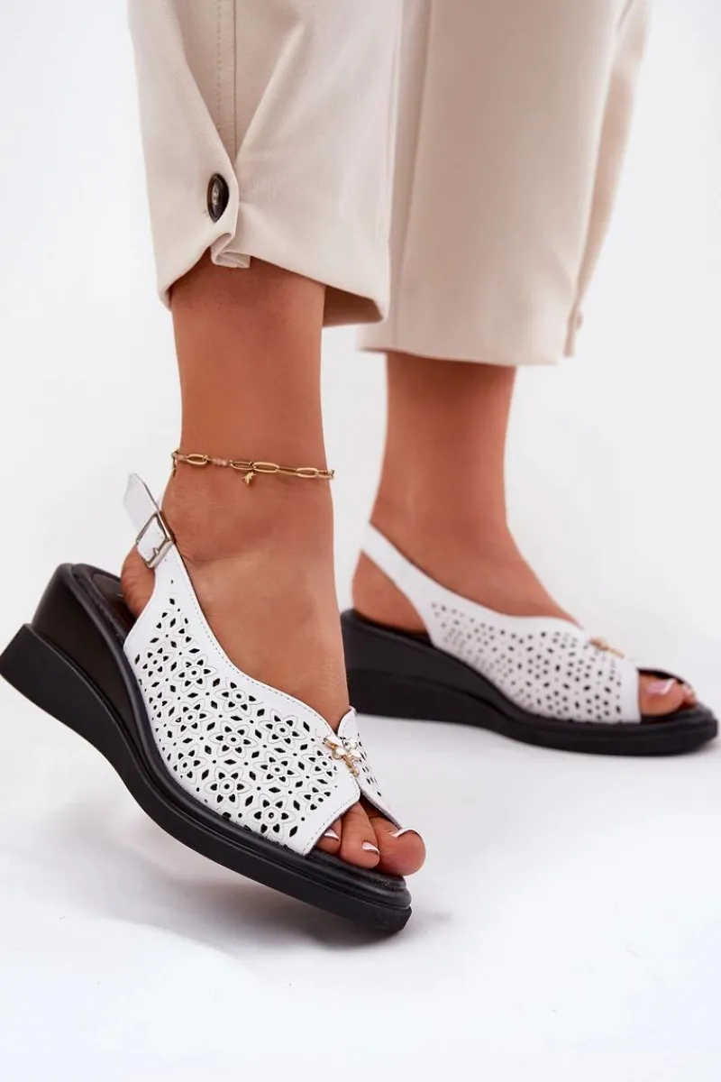 Best Buty damskie Vinceza Skórzane Ażurowe Sandały Damskie Na Koturnie Vinceza 79529 Białe Biały