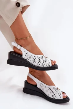 Best Buty damskie Vinceza Skórzane Ażurowe Sandały Damskie Na Koturnie Vinceza 79529 Białe Biały