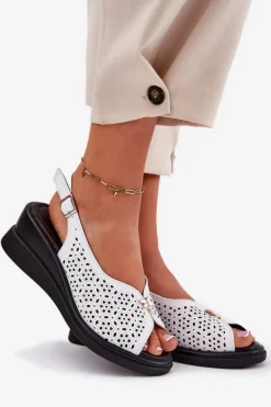 Best Buty damskie Vinceza Skórzane Ażurowe Sandały Damskie Na Koturnie Vinceza 79529 Białe Biały