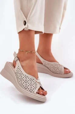 Sandały Na Koturnie>Buty damskie Vinceza Skórzane Ażurowe Sandały Damskie Na Koturnie Vinceza 79529 Beżowe Beżowy