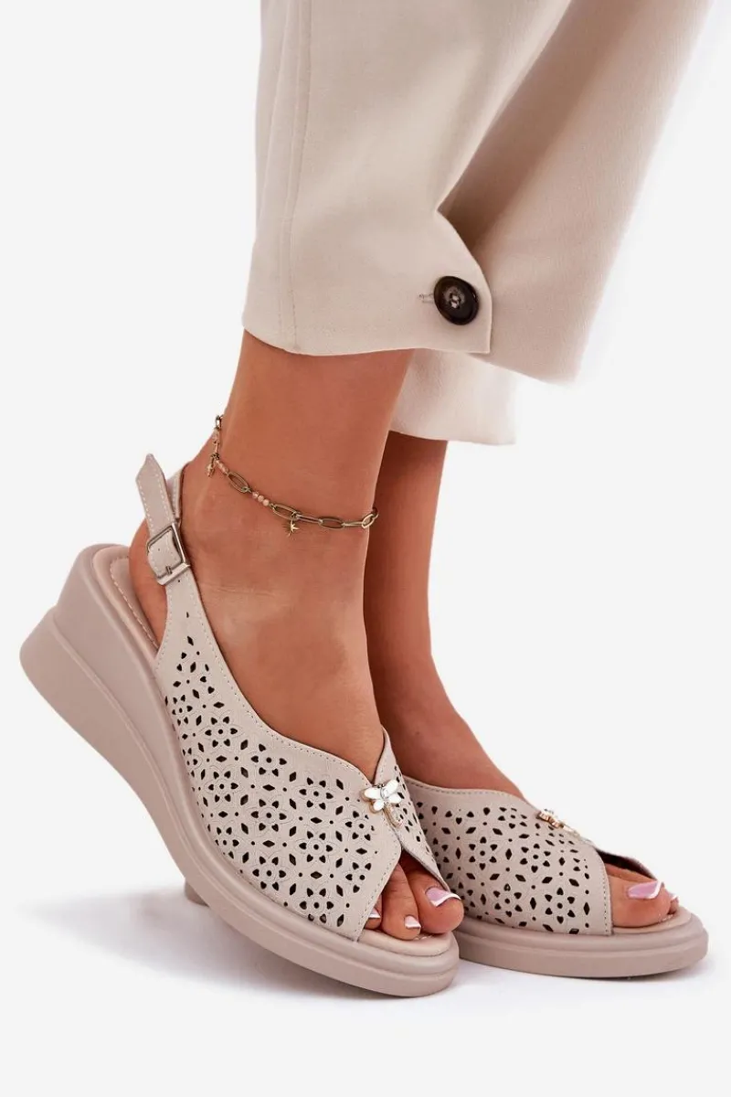 Sandały Na Koturnie>Buty damskie Vinceza Skórzane Ażurowe Sandały Damskie Na Koturnie Vinceza 79529 Beżowe Beżowy