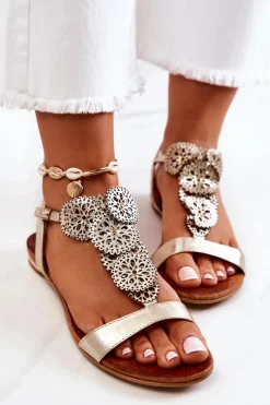 Sandały Ażurowe|Sandały Płaskie>Boto Skórzane Ażurowe Sandały Lewski 3049 Złote