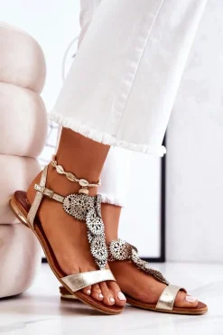 Sandały Ażurowe|Sandały Płaskie>Boto Skórzane Ażurowe Sandały Lewski 3049 Złote