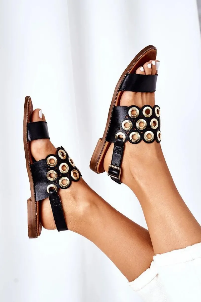 Sandały Ażurowe|Sandały Płaskie>Boto Skórzane Ażurowe Sandały Lewski Shoes 3042 Czarne