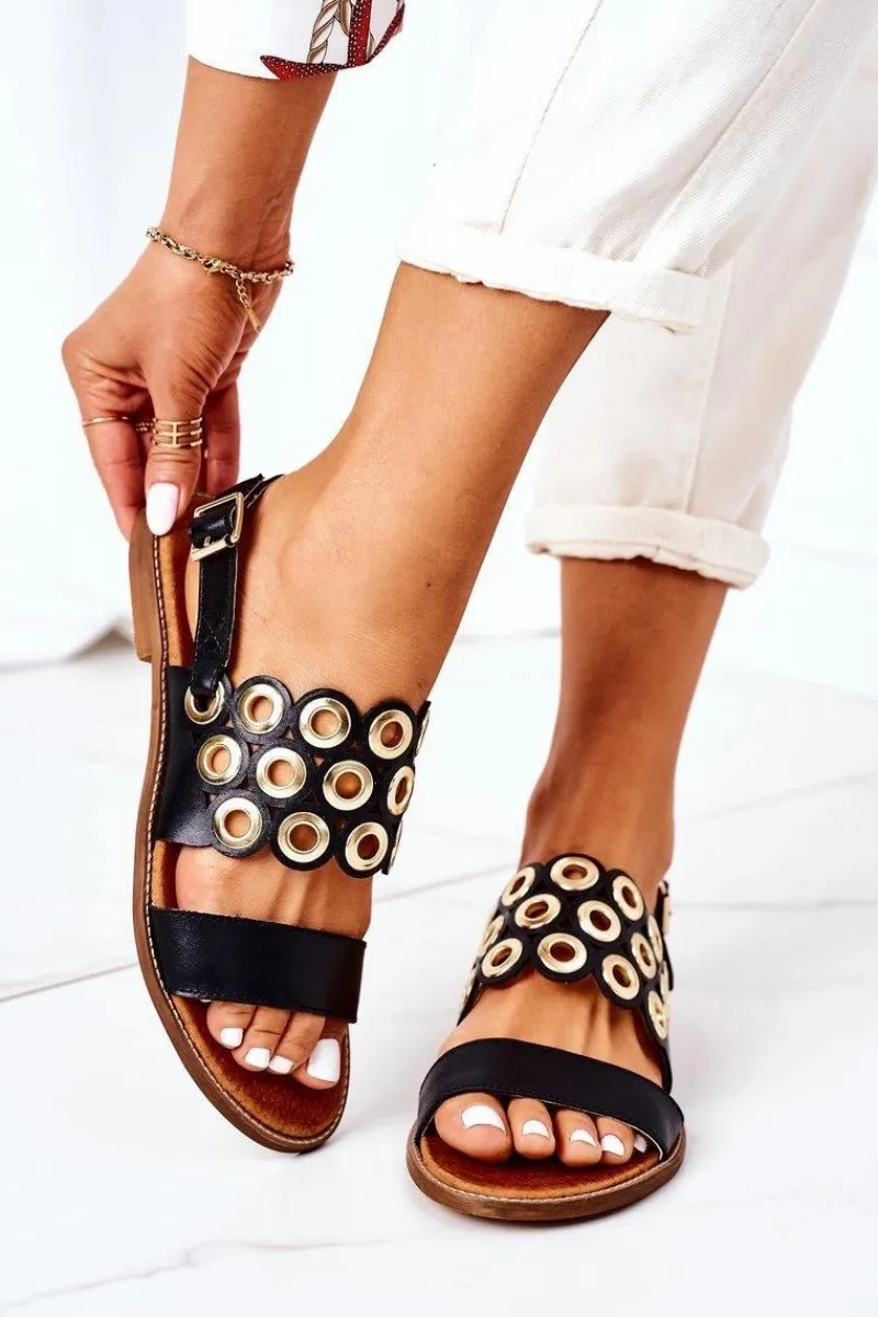 Sandały Ażurowe|Sandały Płaskie>Boto Skórzane Ażurowe Sandały Lewski Shoes 3042 Czarne