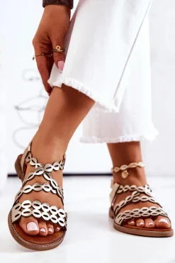 New Boto Skórzane Ażurowe Sandały Lewski 3022 Złote