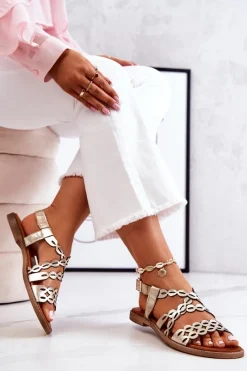 New Boto Skórzane Ażurowe Sandały Lewski 3022 Złote