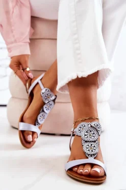 New Skórzane Ażurowe Sandały Lewski Perłowe 3049 Niebieskie Damskie Sandały Ażurowe|Sandały Płaskie