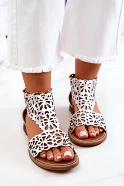 Outlet Boto Skórzane Ażurowe Sandały Lewski 2699/2 Srebrne