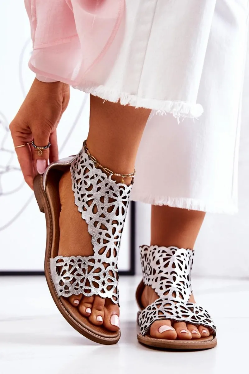 Outlet Boto Skórzane Ażurowe Sandały Lewski 2699/2 Srebrne