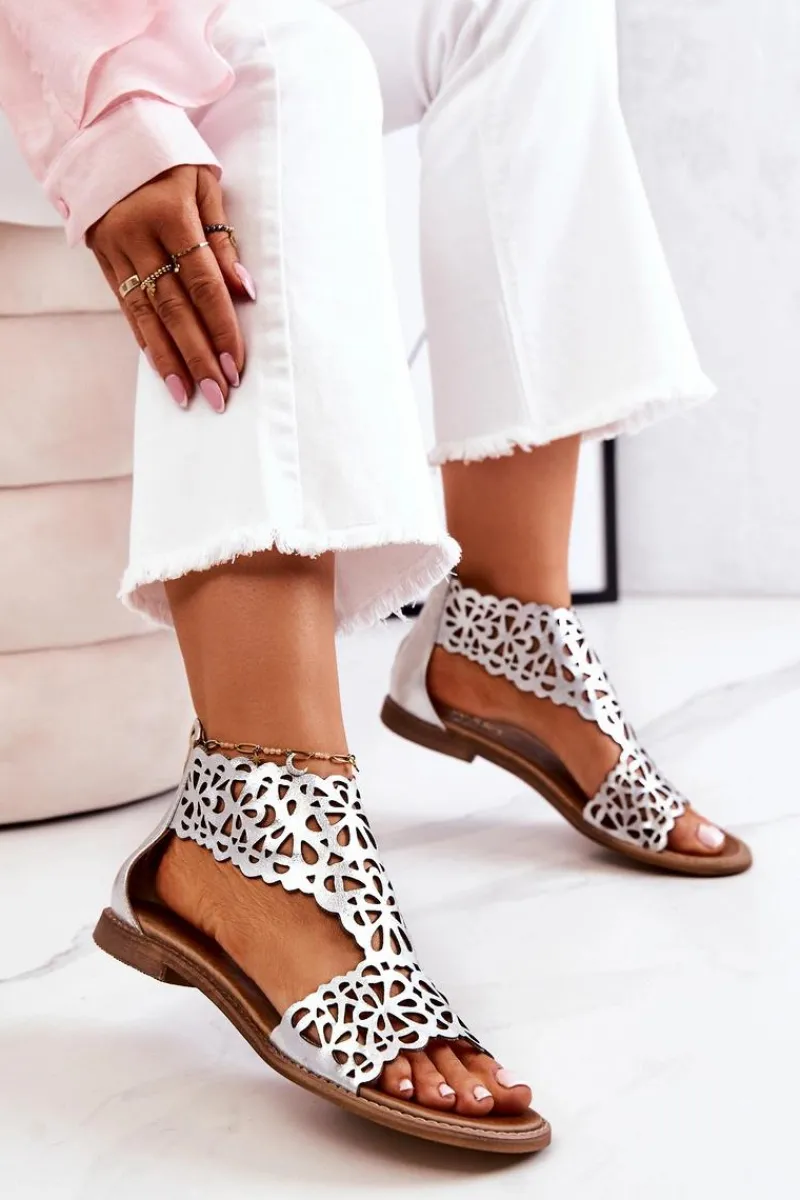 Outlet Boto Skórzane Ażurowe Sandały Lewski 2699/2 Srebrne