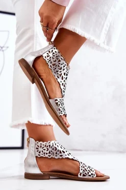 Outlet Boto Skórzane Ażurowe Sandały Lewski 2699/2 Srebrne