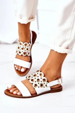 Best Skórzane Ażurowe Sandały Lewski Shoes 3042 Białe Damskie Sandały Ażurowe|Sandały Płaskie