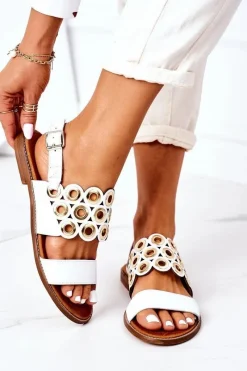 Best Skórzane Ażurowe Sandały Lewski Shoes 3042 Białe Damskie Sandały Ażurowe|Sandały Płaskie